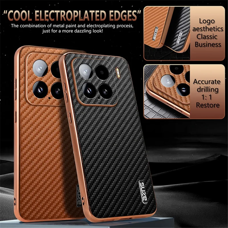 AZNS For Xiaomi 15 Case Electroplating Carbon Fiber Texture PU+TPU Phone Cover - Black