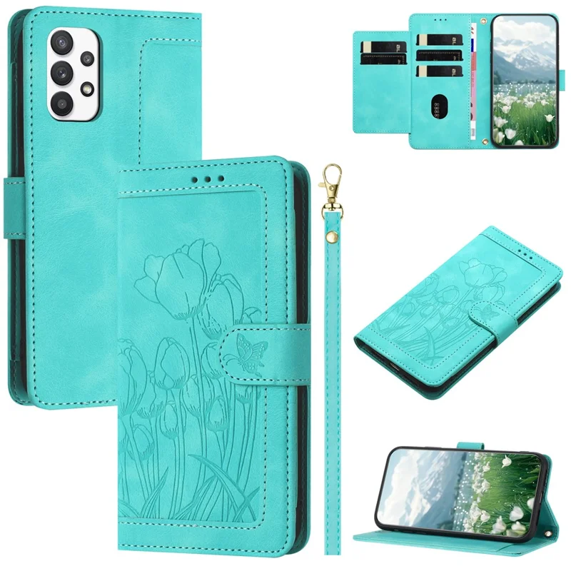 For Samsung Galaxy A23 5G (Global Version) / A23 4G Case Tulip Leather Phone Cover with 5 Card Slots Wallet - Green