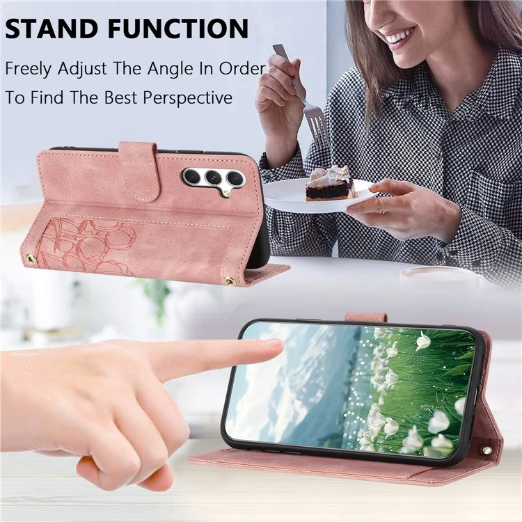 Capa para Samsung Galaxy A24 4G (162,1 x 77,6 x 8,3 mm) Tulipa de couro com 5 compartimentos para cartão e carteira - Rosa