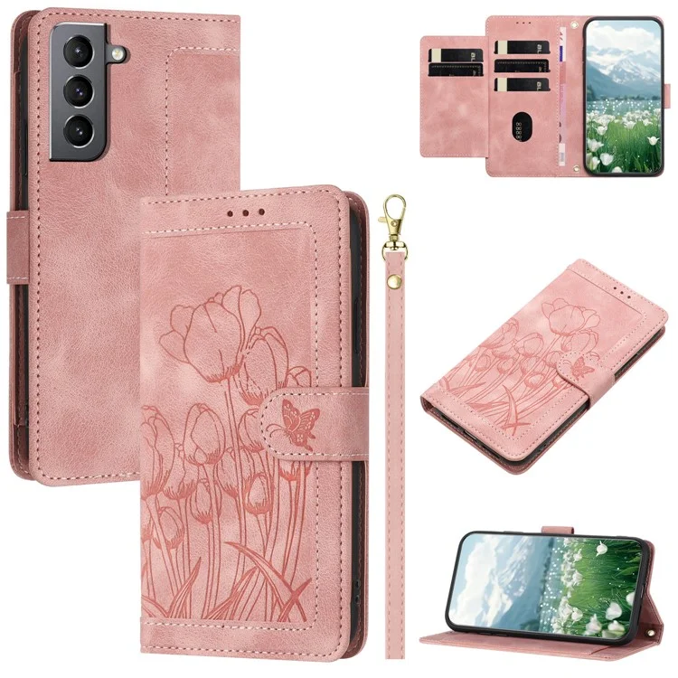 For Samsung Galaxy S22 5G Case Tulip Leather Phone Cover with 5 Card Slots Wallet - Pink