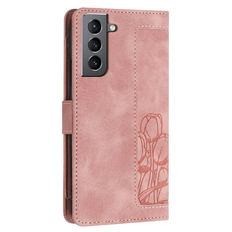 For Samsung Galaxy S22 5G Case Tulip Leather Phone Cover with 5 Card Slots Wallet - Pink