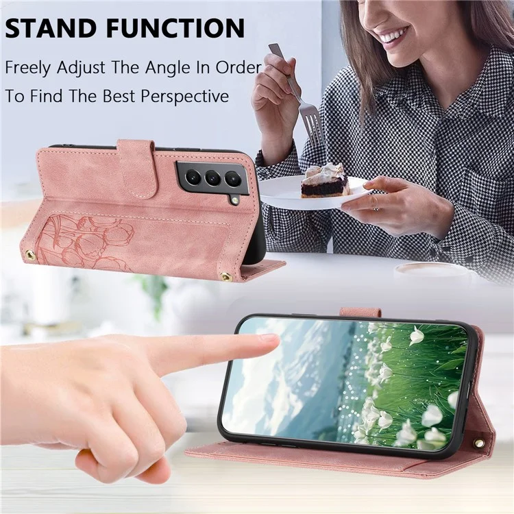 For Samsung Galaxy S22 5G Case Tulip Leather Phone Cover with 5 Card Slots Wallet - Pink