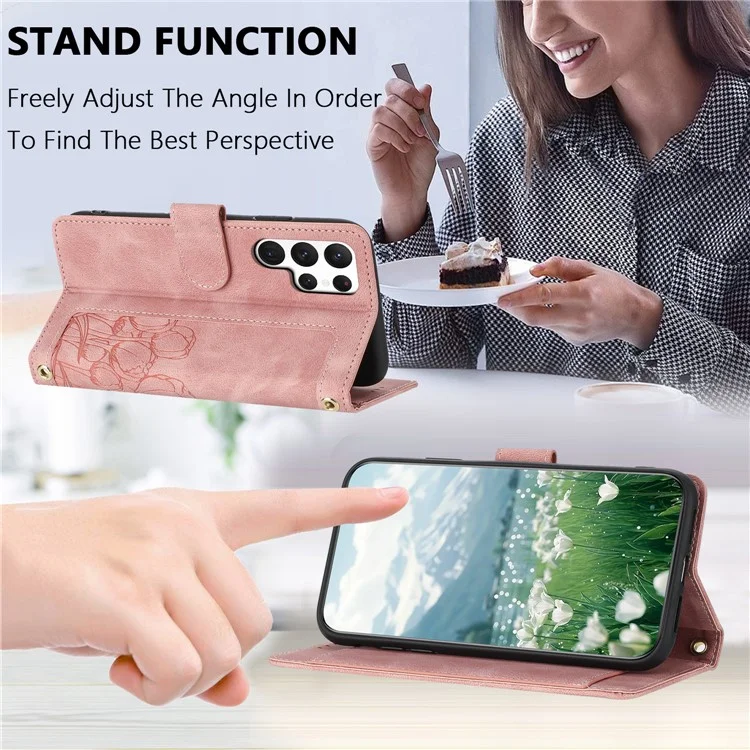 Funda para Samsung Galaxy S22 Ultra 5G Tulip Leather Phone Cover con 5 ranuras para tarjetas Cartera - Rosa