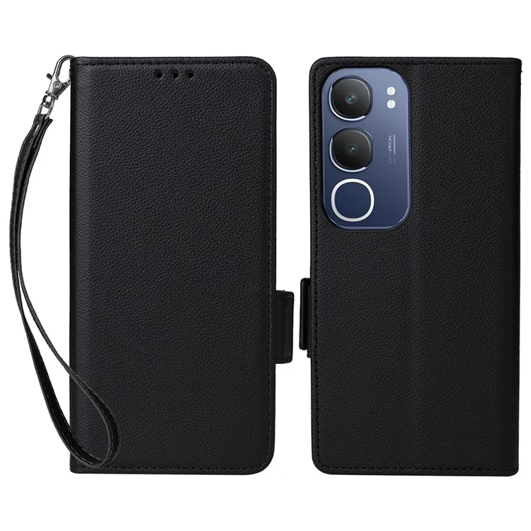 Capa para vivo Y19s 4G, textura de lichia, couro PU, carteira flip cover - Preto