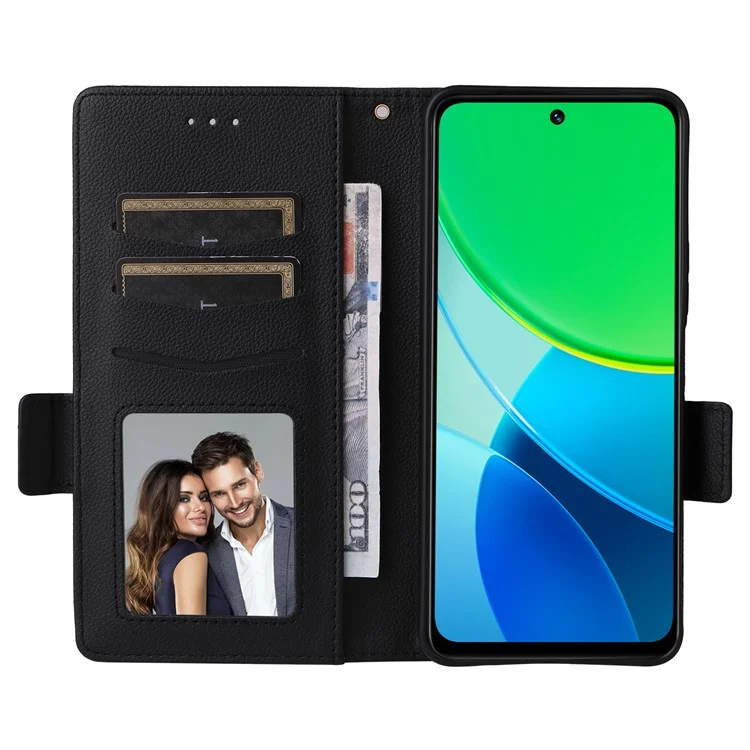 Capa para vivo Y19s 4G, textura de lichia, couro PU, carteira flip cover - Preto