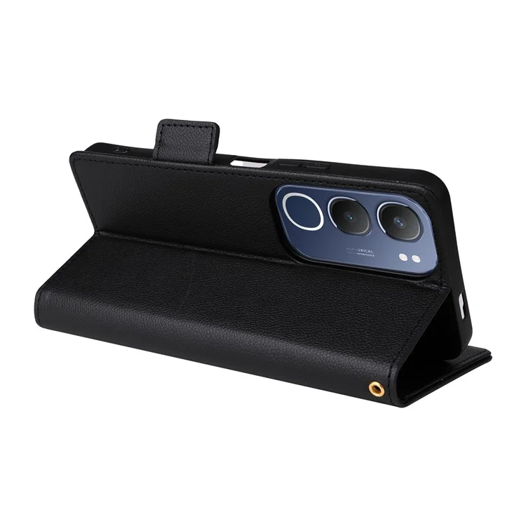 Capa para vivo Y19s 4G, textura de lichia, couro PU, carteira flip cover - Preto