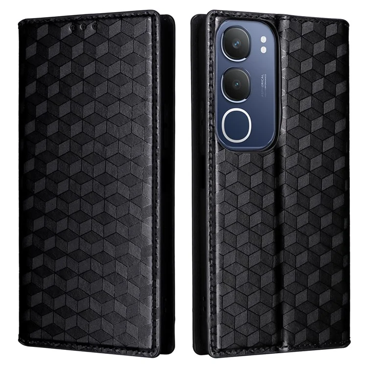 Für vivo Y19s 4G Wallet Case Rhombus geprägter Lederhandy-Cover - Schwarz