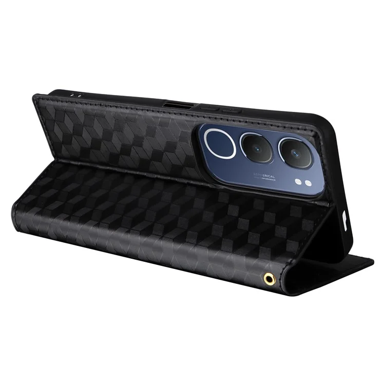 Für vivo Y19s 4G Wallet Case Rhombus geprägter Lederhandy-Cover - Schwarz