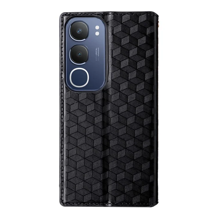 Für vivo Y19s 4G Wallet Case Rhombus geprägter Lederhandy-Cover - Schwarz