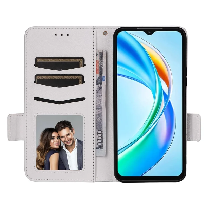 For Honor X5b / X5b Plus Case with Wrist Strap Litchi Texture PU Leather Wallet Phone Cover - White