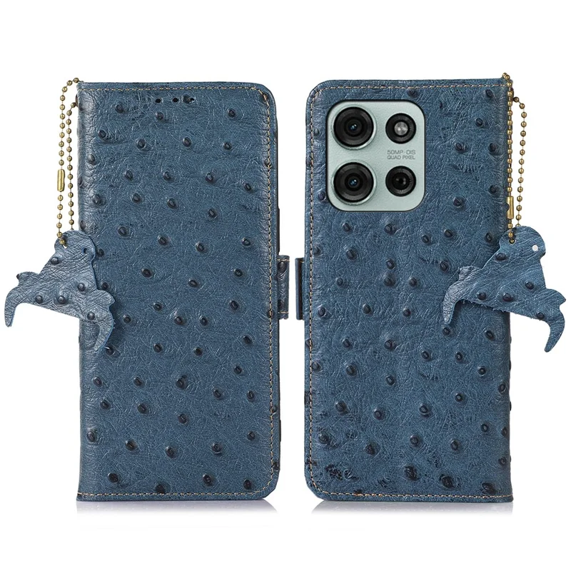 Voor Motorola Moto G75 5G hoesje RFID-blokkering Echt runderleer telefoonhoesje Struisvogelstructuur - Blauw