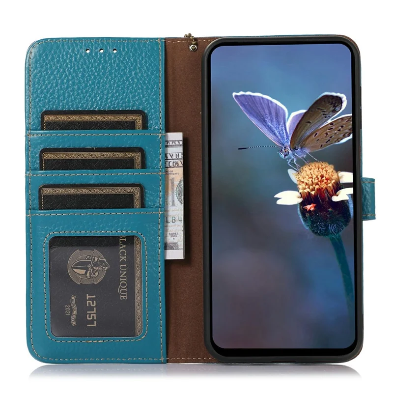 For OnePlus 13 Case RFID Blocking Genuine Cow Leather Phone Cover Litchi Texture - Blue