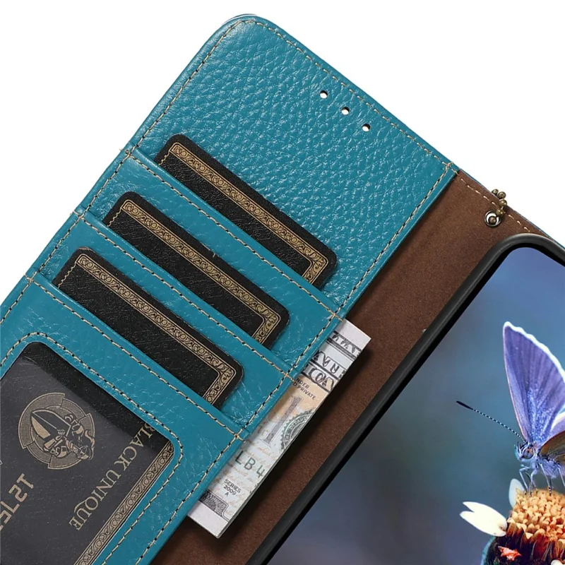For OnePlus 13 Case RFID Blocking Genuine Cow Leather Phone Cover Litchi Texture - Blue