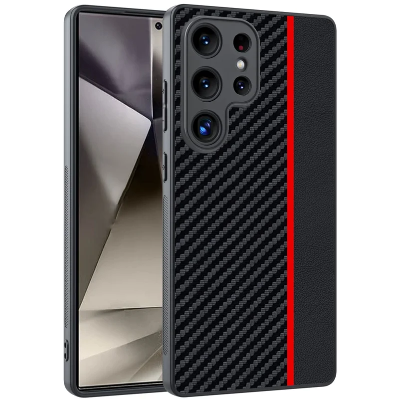 For Samsung Galaxy S25 Ultra Case Leather+PC Hard Phone Cover Carbon Fiber Texture - Black / Red