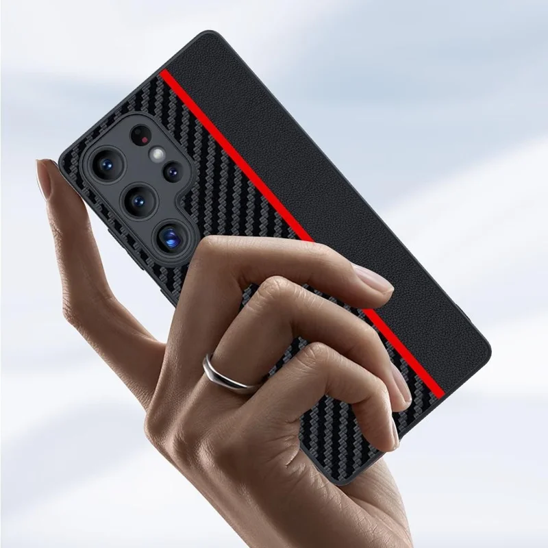 For Samsung Galaxy S25 Ultra Case Leather+PC Hard Phone Cover Carbon Fiber Texture - Black / Red