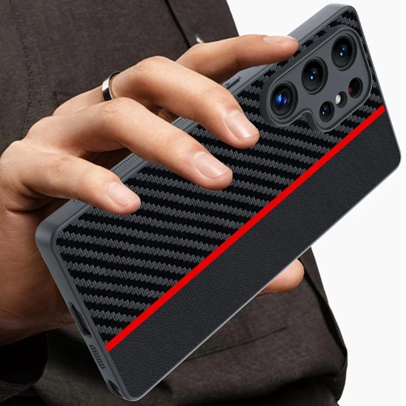 For Samsung Galaxy S25 Ultra Case Leather+PC Hard Phone Cover Carbon Fiber Texture - Black / Red