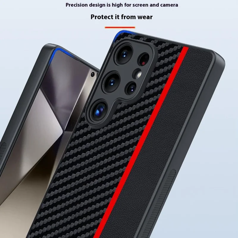 For Samsung Galaxy S25 Ultra Case Leather+PC Hard Phone Cover Carbon Fiber Texture - Black / Red