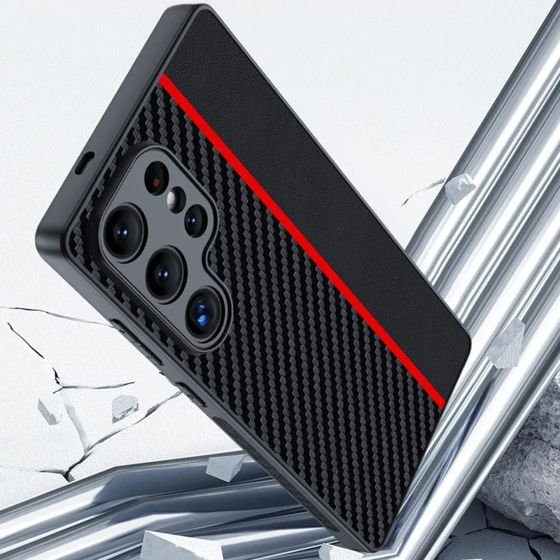 For Samsung Galaxy S25 Ultra Case Leather+PC Hard Phone Cover Carbon Fiber Texture - Black / Red