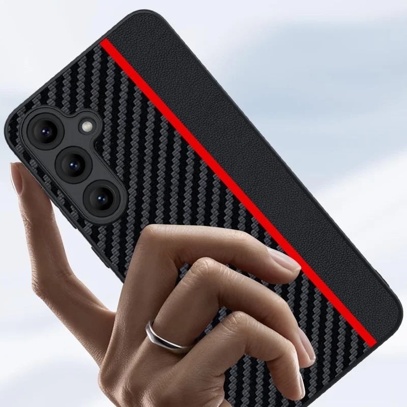 For Samsung Galaxy S24 FE Case Leather+PC Hard Phone Cover Carbon Fiber Texture - Black / Red