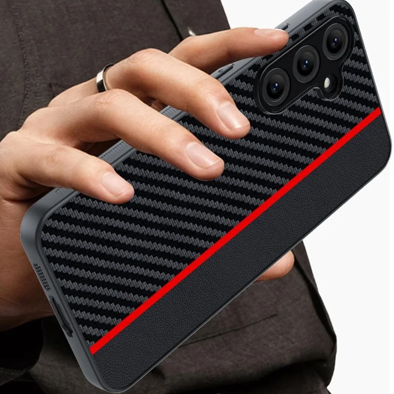 For Samsung Galaxy S24 FE Case Leather+PC Hard Phone Cover Carbon Fiber Texture - Black / Red