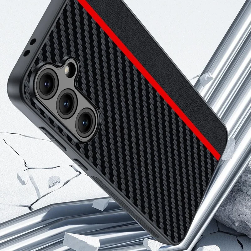 For Samsung Galaxy S24 FE Case Leather+PC Hard Phone Cover Carbon Fiber Texture - Black / Red
