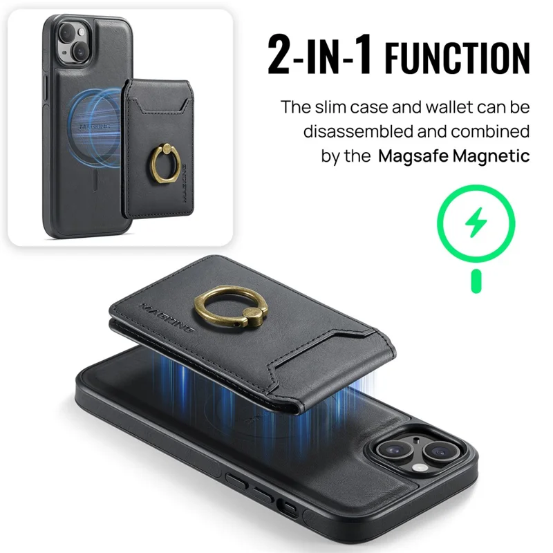 MAGKING K1 Series For iPhone 15 Magnetic Case PC+TPU+PU Phone Cover with Card Holder - Black