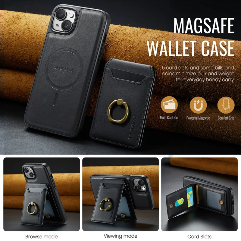 MAGKING K1 Series For iPhone 15 Magnetic Case PC+TPU+PU Phone Cover with Card Holder - Black