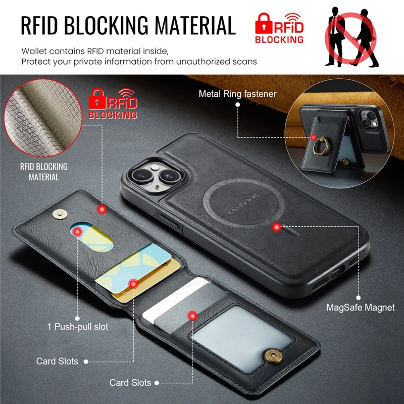 MAGKING K1 Series For iPhone 15 Magnetic Case PC+TPU+PU Phone Cover with Card Holder - Black