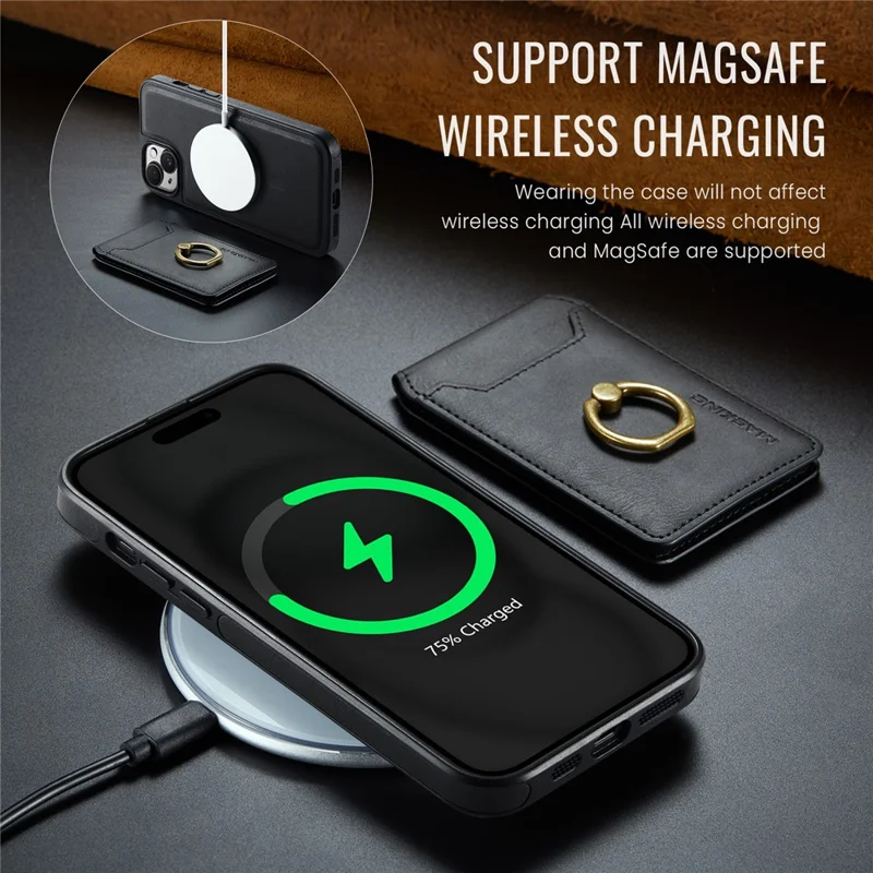 MAGKING K1 Series For iPhone 15 Magnetic Case PC+TPU+PU Phone Cover with Card Holder - Black