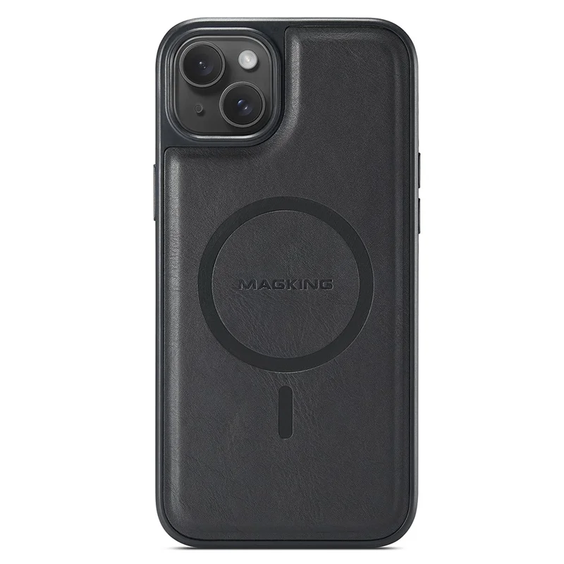 MAGKING K1 Series For iPhone 15 Magnetic Case PC+TPU+PU Phone Cover with Card Holder - Black