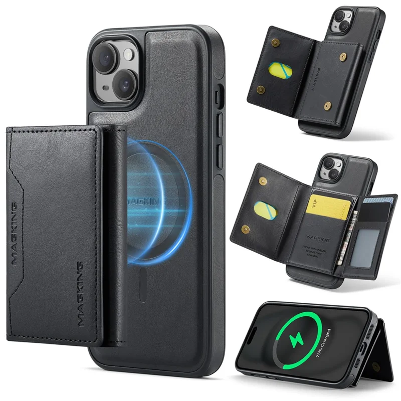 MAGKING K2 Series For iPhone 15 Case Compatible with MagSafe PC+TPU+PU Phone Cover - Black