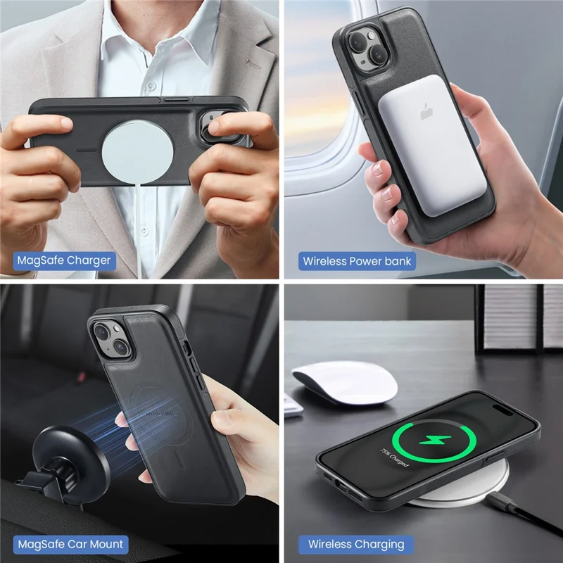 MAGKING K2 Series For iPhone 15 Case Compatible with MagSafe PC+TPU+PU Phone Cover - Black