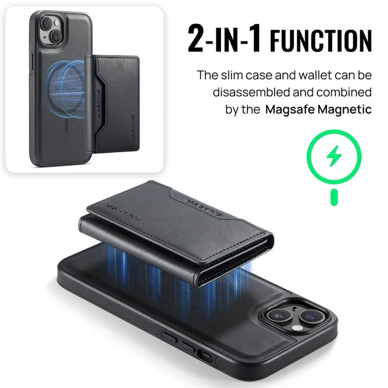 MAGKING K2 Series For iPhone 15 Case Compatible with MagSafe PC+TPU+PU Phone Cover - Black