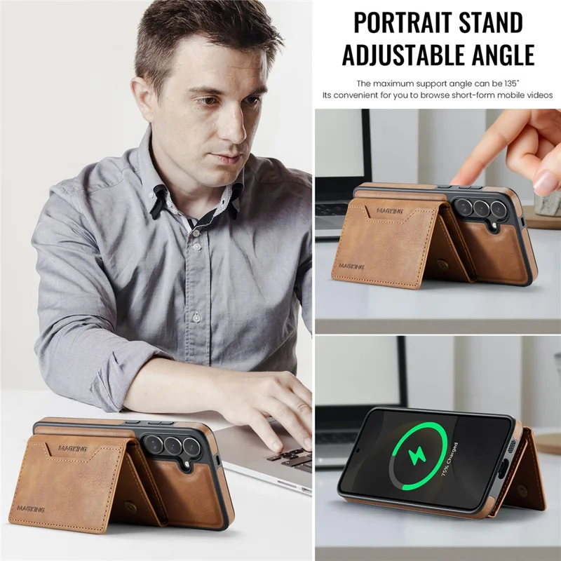 MAGKING K2 Series For Samsung Galaxy S24 Magnetic Case PC+TPU+PU Phone Cover - Brown