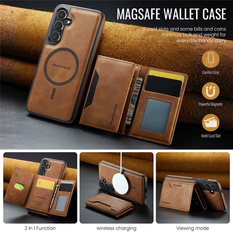 MAGKING K2 Series For Samsung Galaxy S24 Magnetic Case PC+TPU+PU Phone Cover - Brown