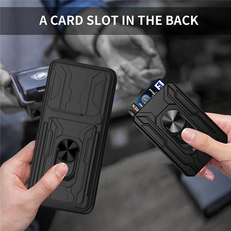 Funda para Xiaomi Redmi Note 14 5G, carcasa de PC+TPU con soporte, tapa trasera del teléfono con deslizador de cámara - Negro