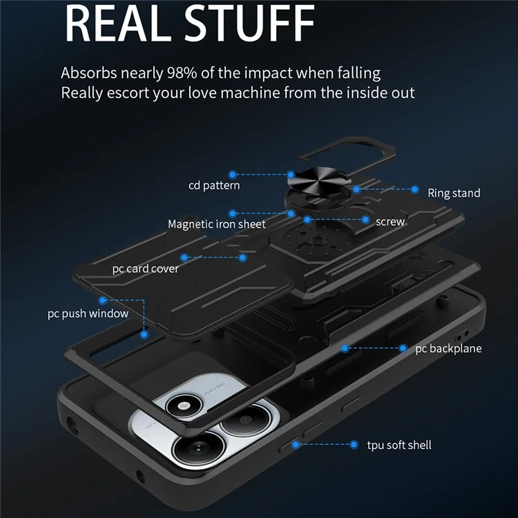 Funda para Xiaomi Redmi Note 14 5G, carcasa de PC+TPU con soporte, tapa trasera del teléfono con deslizador de cámara - Negro