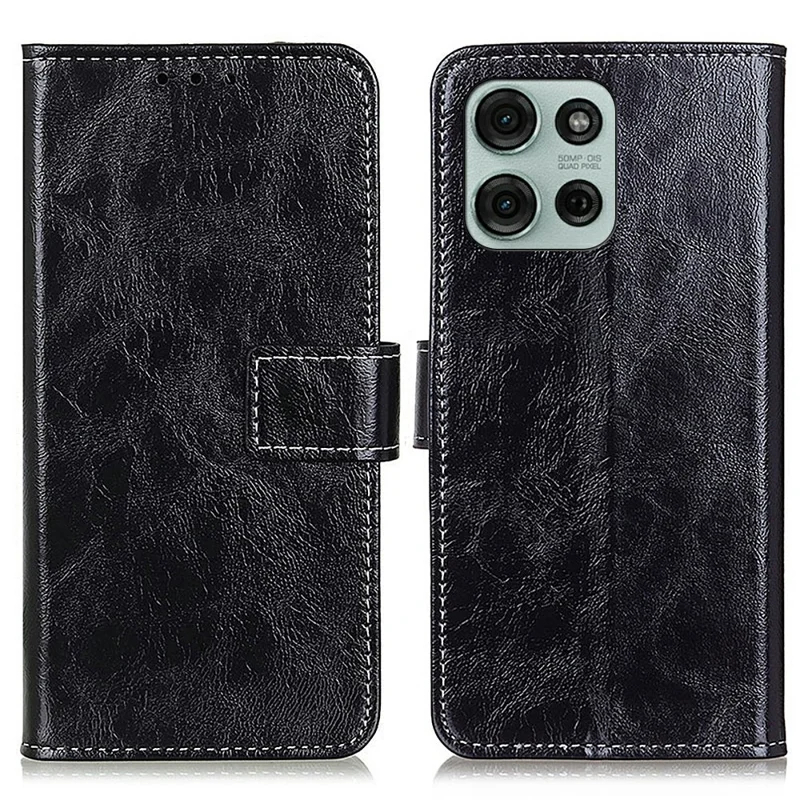 For Motorola Moto G75 5G Leather Case Wallet Phone Cover Crazy Horse Texture - Black