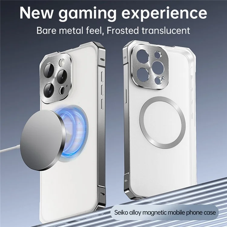 For iPhone 16 Pro Case Compatible with MagSafe Hard PC Metal Frame Frosted Phone Back Cover - Titanium