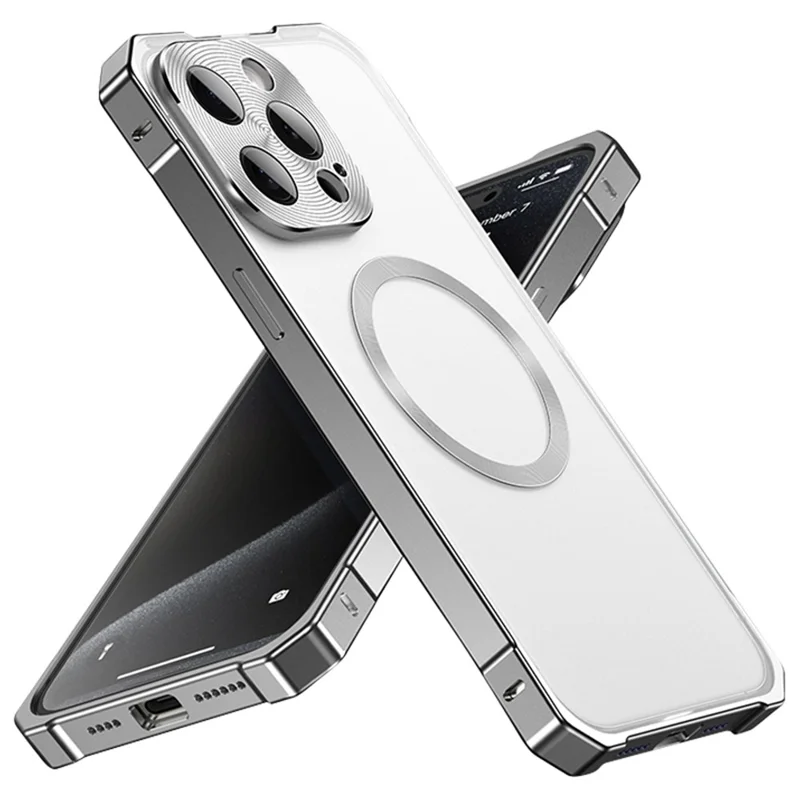 For iPhone 15 Pro Max Case Compatible with MagSafe Hard PC Metal Frame Frosted Phone Back Cover - Titanium Grey
