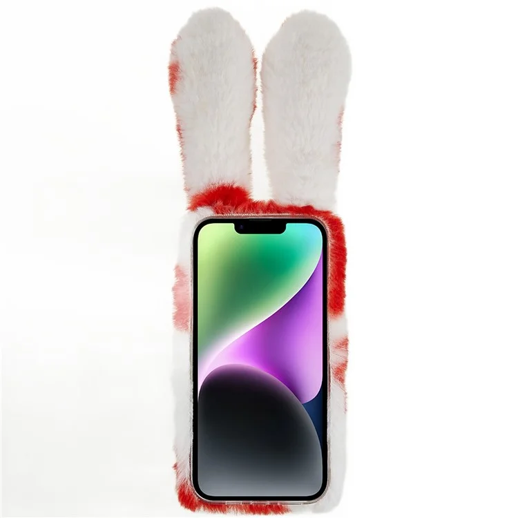For iPhone 14 Plus Soft Handmade Fluffy Furry Bunny TPU Shell Anti-drop Cute Rabbit Protective Case - Red