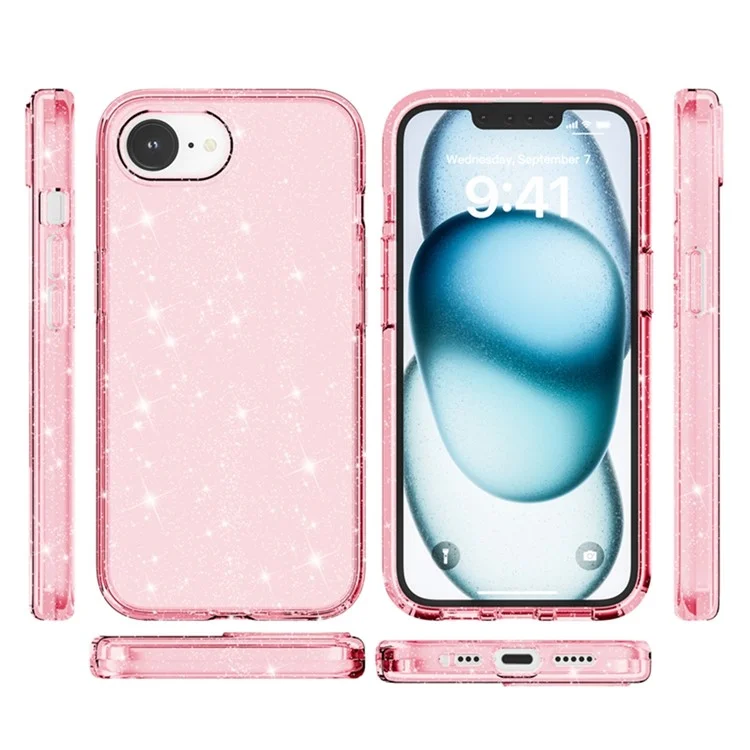 For iPhone 16e Case Thickened Shockproof TPU + PC Glitter Back Cover - Pink