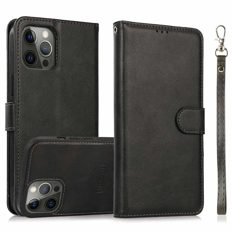 Étui pour iPhone 16 Pro Magnétique Détachable 2-en-1 Support Portefeuille en Cuir PU - Noir