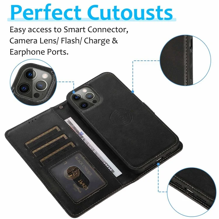 Étui pour iPhone 16 Pro Magnétique Détachable 2-en-1 Support Portefeuille en Cuir PU - Noir