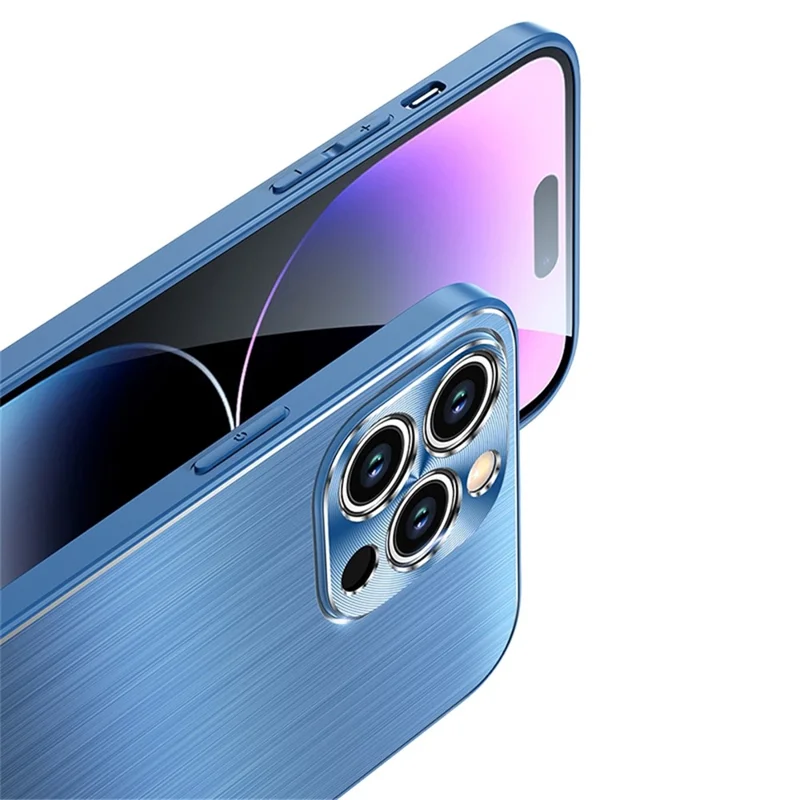 Brushed Protective Case for iPhone 14 Pro TPU + Metal Back Phone Case Anti-Fall Shockproof Cover - Purple