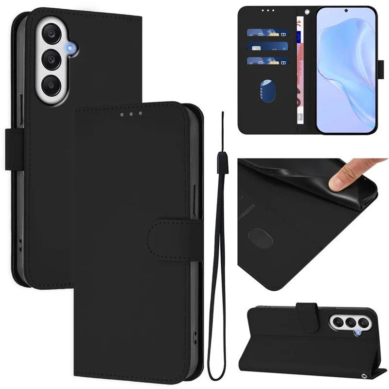 For Samsung Galaxy S24 FE Case Solid Color Wallet Leather Phone Cover with Strap - Black