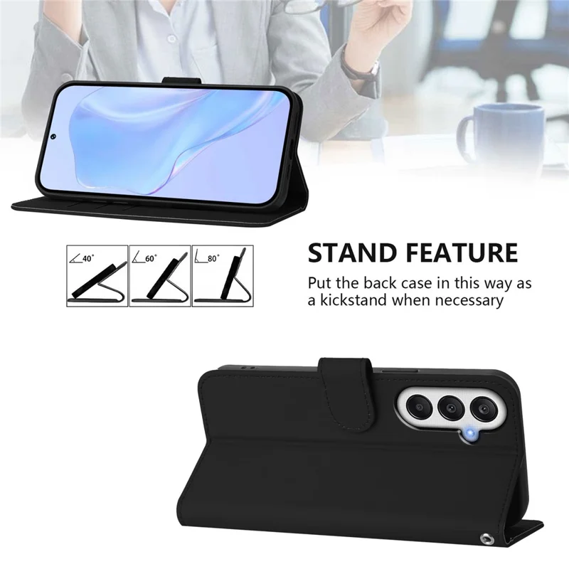 For Samsung Galaxy S24 FE Case Solid Color Wallet Leather Phone Cover with Strap - Black