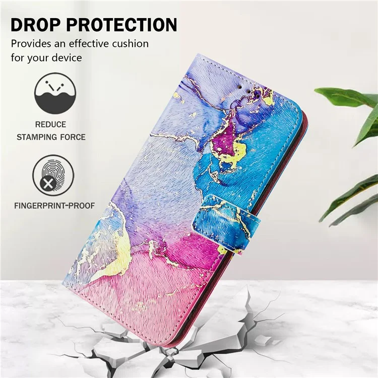 For Samsung Galaxy S24 FE Leather Case Pattern Printing Wallet Phone Cover with Strap - Multicolor Marble