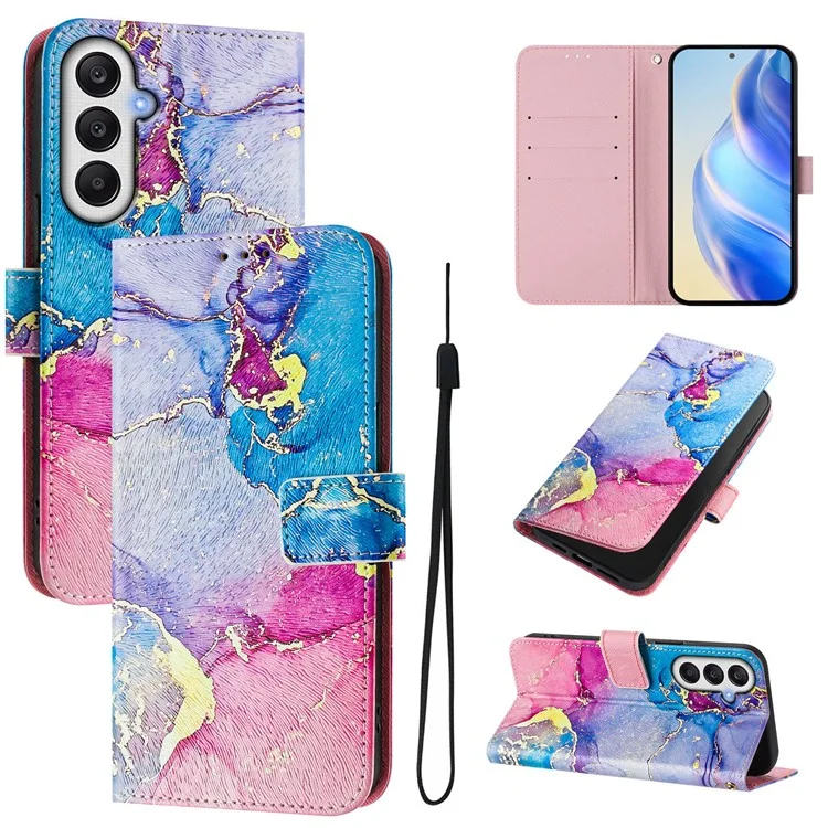 For Samsung Galaxy S24 FE Leather Case Pattern Printing Wallet Phone Cover with Strap - Multicolor Marble