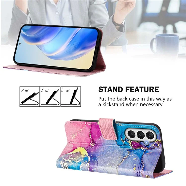 For Samsung Galaxy S24 FE Leather Case Pattern Printing Wallet Phone Cover with Strap - Multicolor Marble